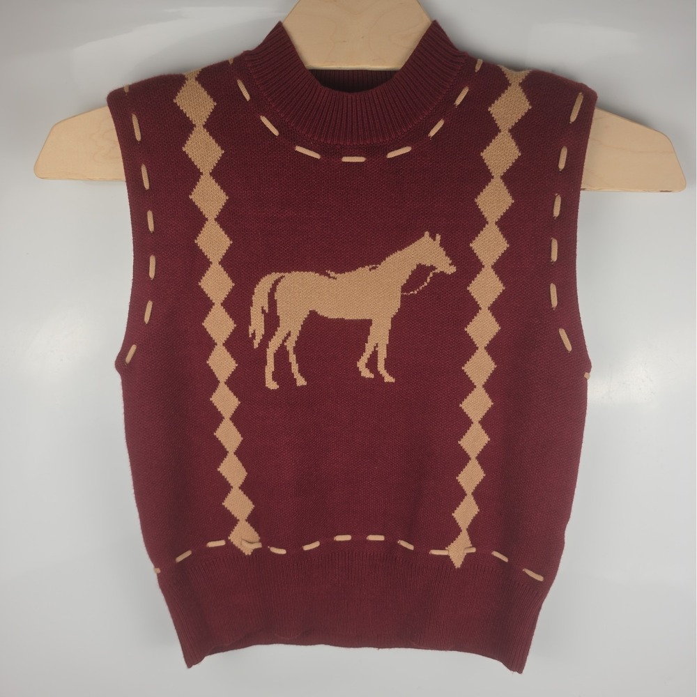 NTW Olive &Bettes Sz S Sleeveless Sweater Knit Horse Vest Western Equestrian